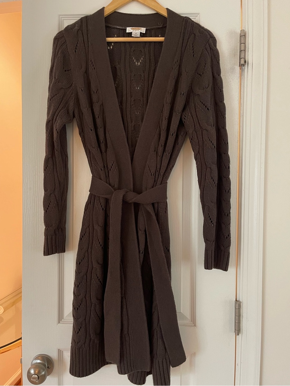 Talbots Brown Cable Knit Sweater Long Cardigan Belted Size Medium Petite